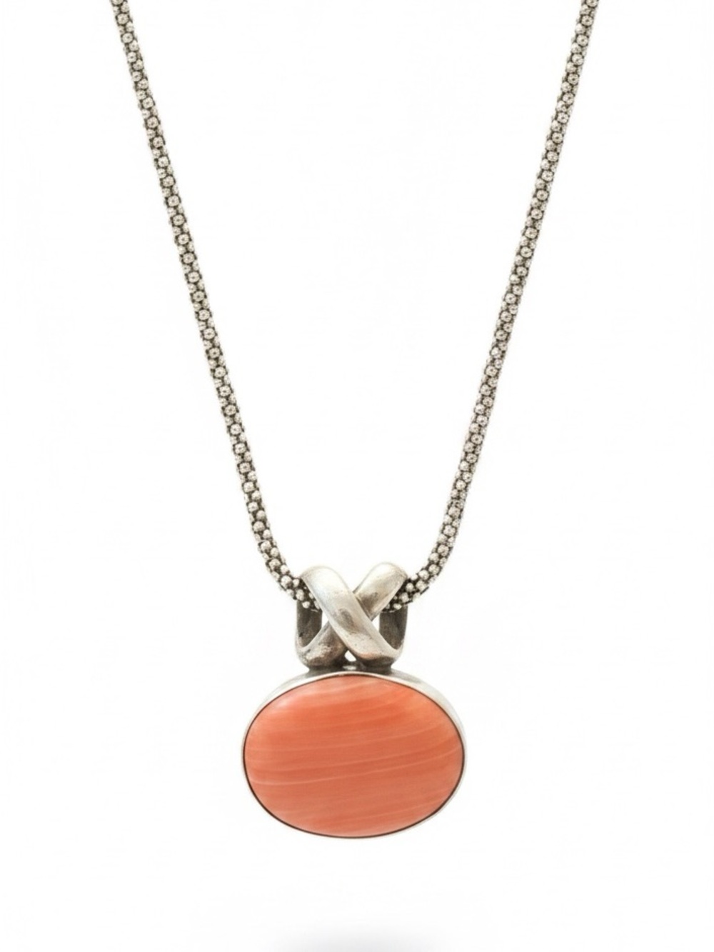 Oval Pink Coral Stone Pendant Necklace in Polished 925 Silver